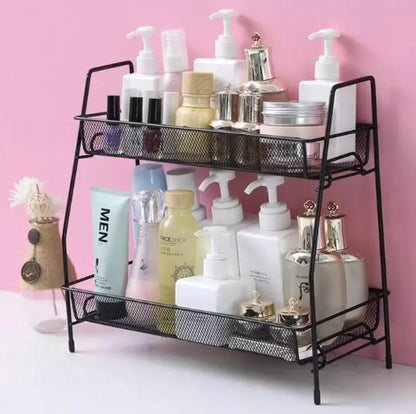 2 Tier Spice rack vegetable Stand Folding Metal Spice Rack for Kitchen Cabinet Bottle Organizer Holder for Kitchen Countertop Jars, Standing Shelf Seasoning Storage, Makeup, kitchen organizer and Bathroom Organizer