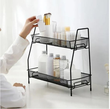 2 Tier Spice rack vegetable Stand Folding Metal Spice Rack for Kitchen Cabinet Bottle Organizer Holder for Kitchen Countertop Jars, Standing Shelf Seasoning Storage, Makeup, kitchen organizer and Bathroom Organizer