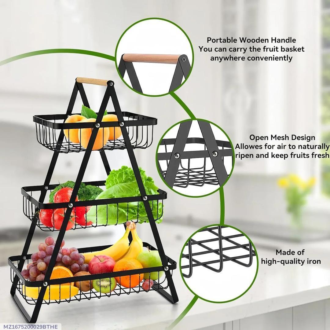 Fresh Fruit & Snack Storage Basket Black Metal 3-Tier Kitchen Organizer