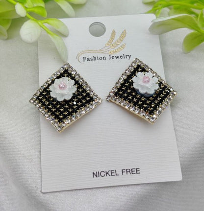 Elegant Floral Rhinestone Stud Earrings – Nickel Free