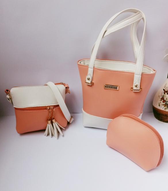 3 Pcs Women's Faux Leather Hand Bag Set in Pink & Mustard
