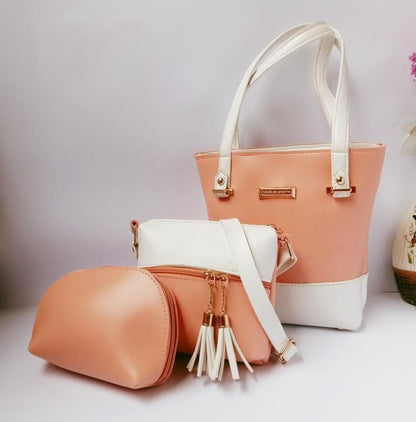 3 Pcs Women's Faux Leather Hand Bag Set in Pink & Mustard