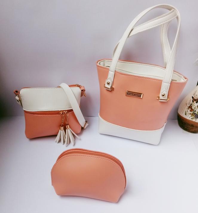 3 Pcs Women's Faux Leather Hand Bag Set in Pink & Mustard