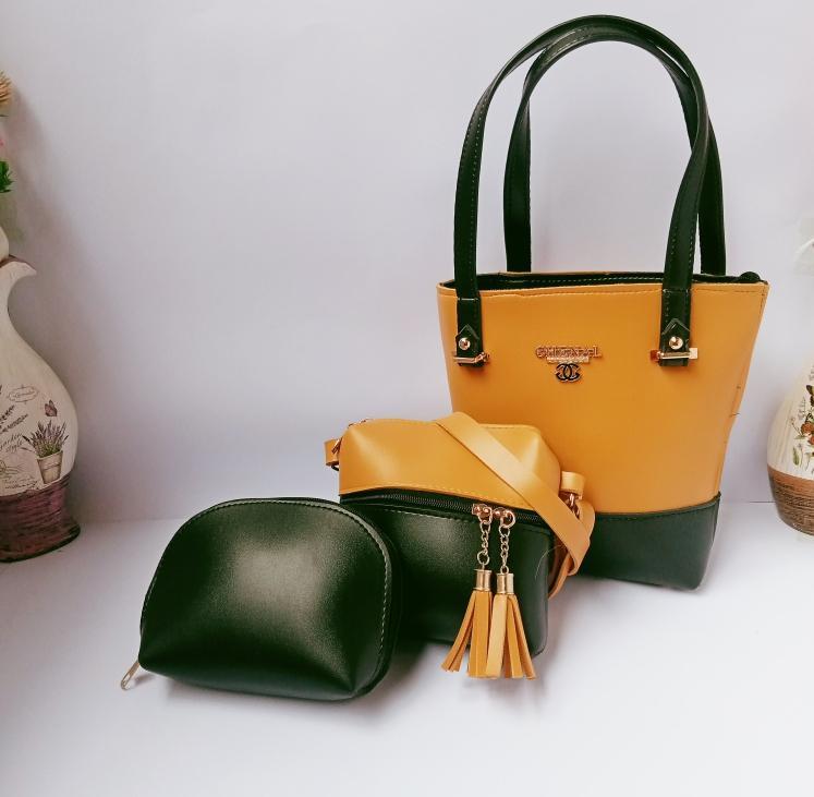 3 Pcs Women's Faux Leather Hand Bag Set in Pink & Mustard